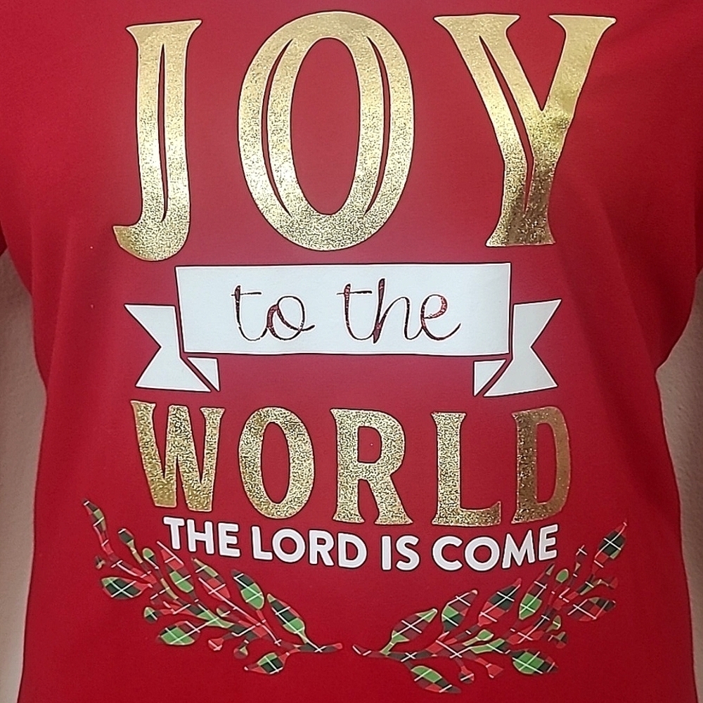 Christmas Graphic T-Shirt Red Gold Joy to the World Long Sleeve Kim Rogers Lrg